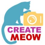 Create Meow Logo Blue cat with yellow camera and the words Create Meow on the square image